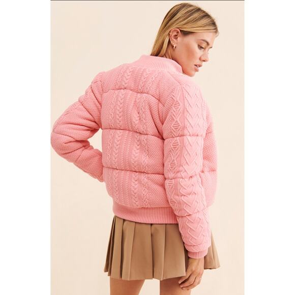 LoveShackFancy Andora Bomber Size L Pink Quilted Cable Knit Cotton Puffer Jacket - Picture 2 of 5